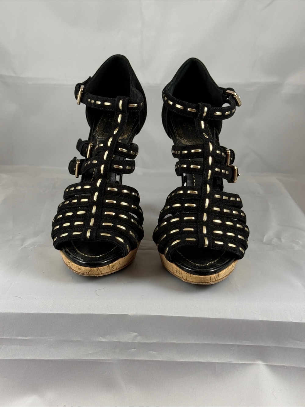Christian Dior Black Suede Gold Studded Caged Platform Sandals